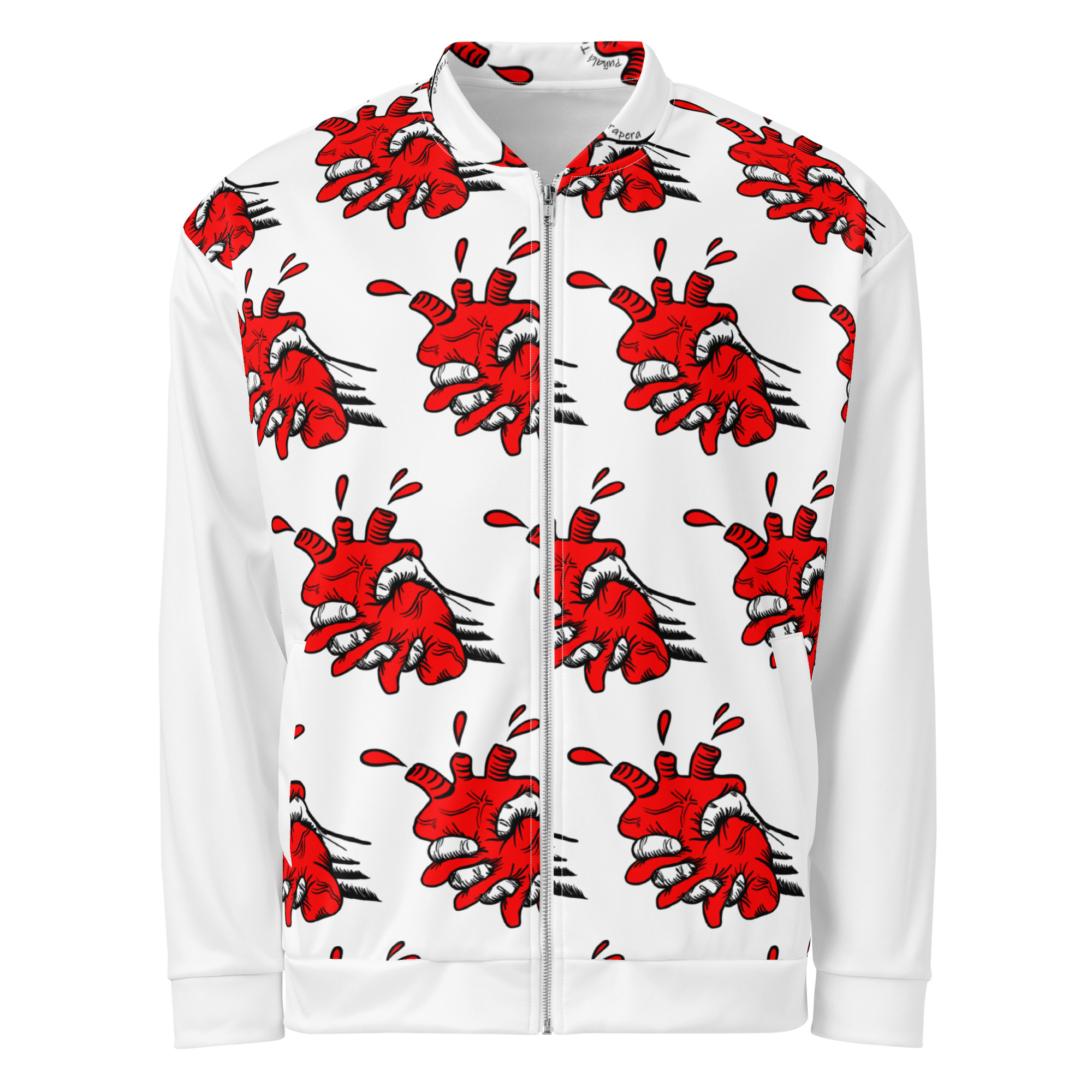 Frontal de chaqueta bomber urbana con cuello elástico y cremallera YKK estampada diseño Corasón Estrujao