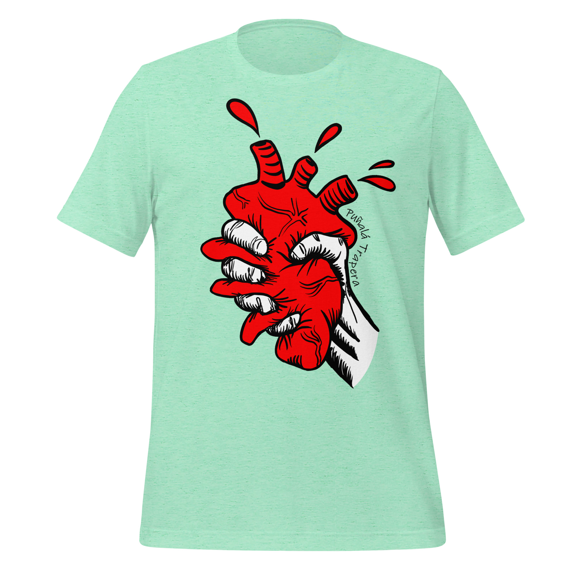Camiseta verde menta jaspeada con estampado gráfico de corazón puñalada trapera